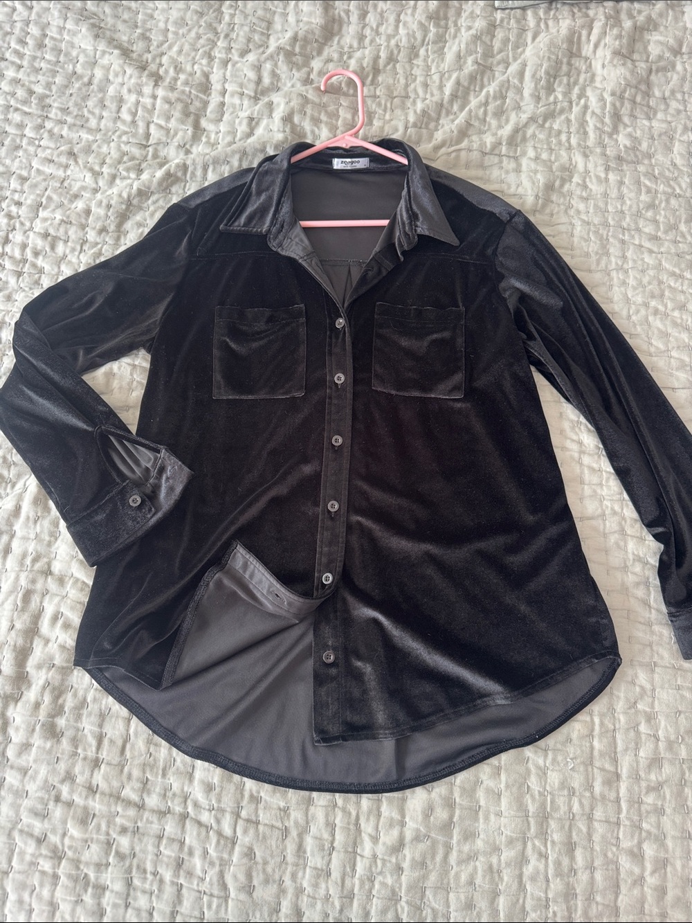 zeagoo Black Velvet Button-Down Shirt